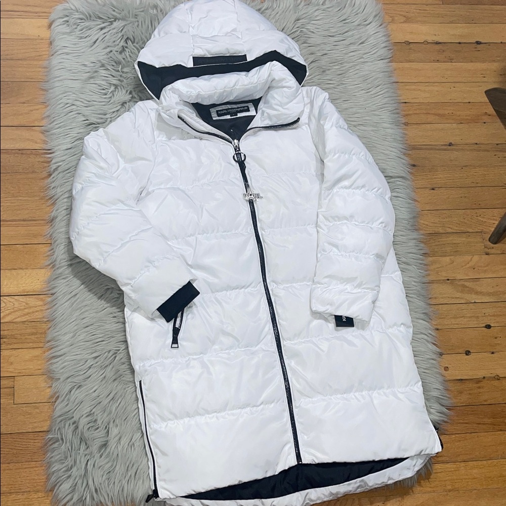 Karl Lagerfeld White Puffer Coat with Black Trim